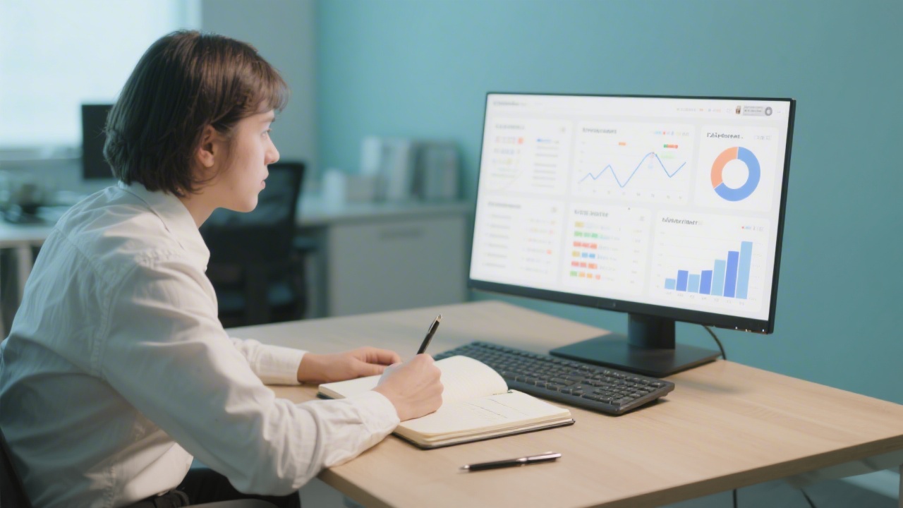 Marketing analyst reviewing performance dashboards with charts on a large monitor, notebook and pen on the table, quiet office environment with neutral colors