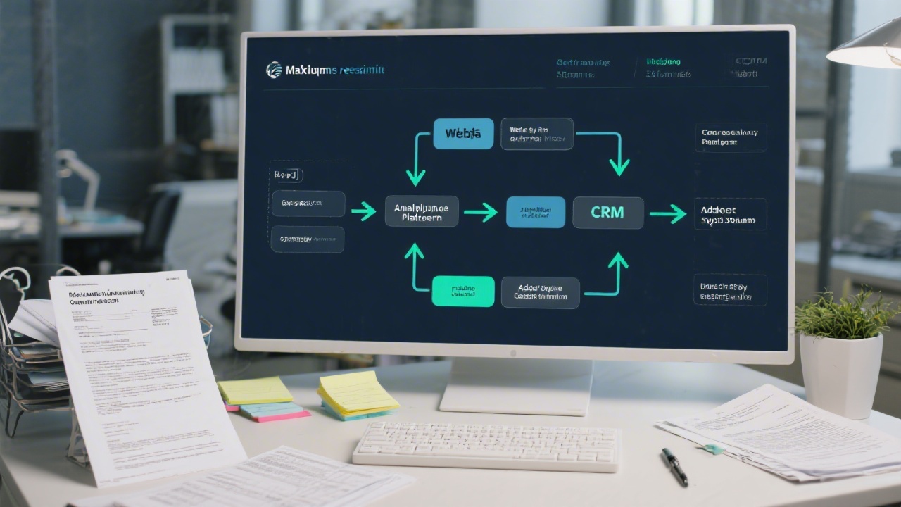 Visual diagram of data flow between website, analytics platform, CRM and ad systems with arrows, displayed on a desk alongside compliance documents and notes