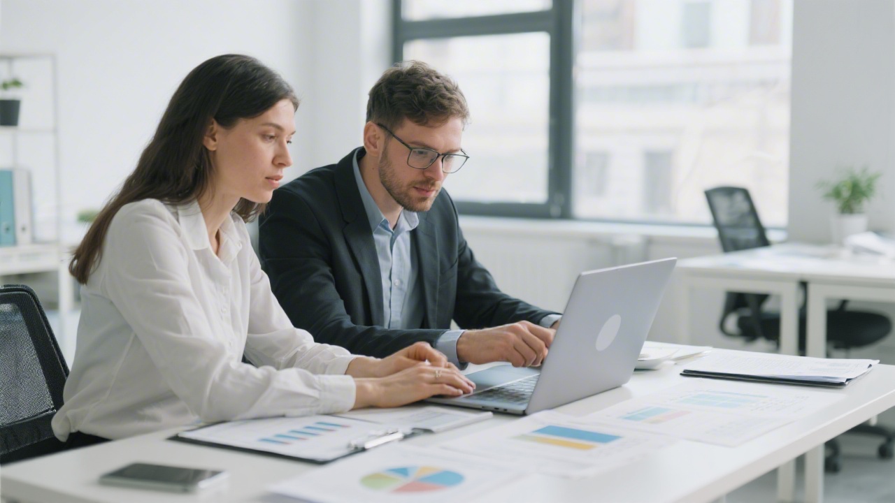 Consultant and marketer reviewing compliance checklist on a laptop in a bright office, business documents and analytics charts on the table, modern professional atmosphere