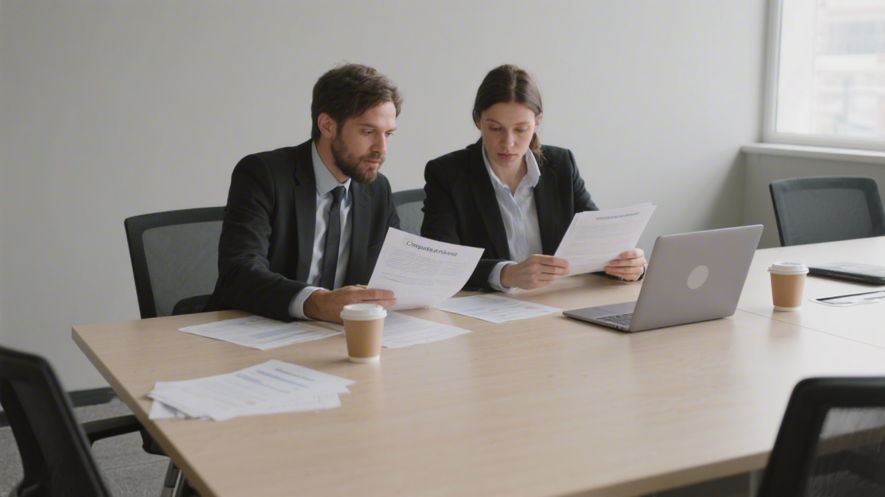 Two business professionals discussing compliance details over printed documents, neutral meeting room with a laptop and coffee cups