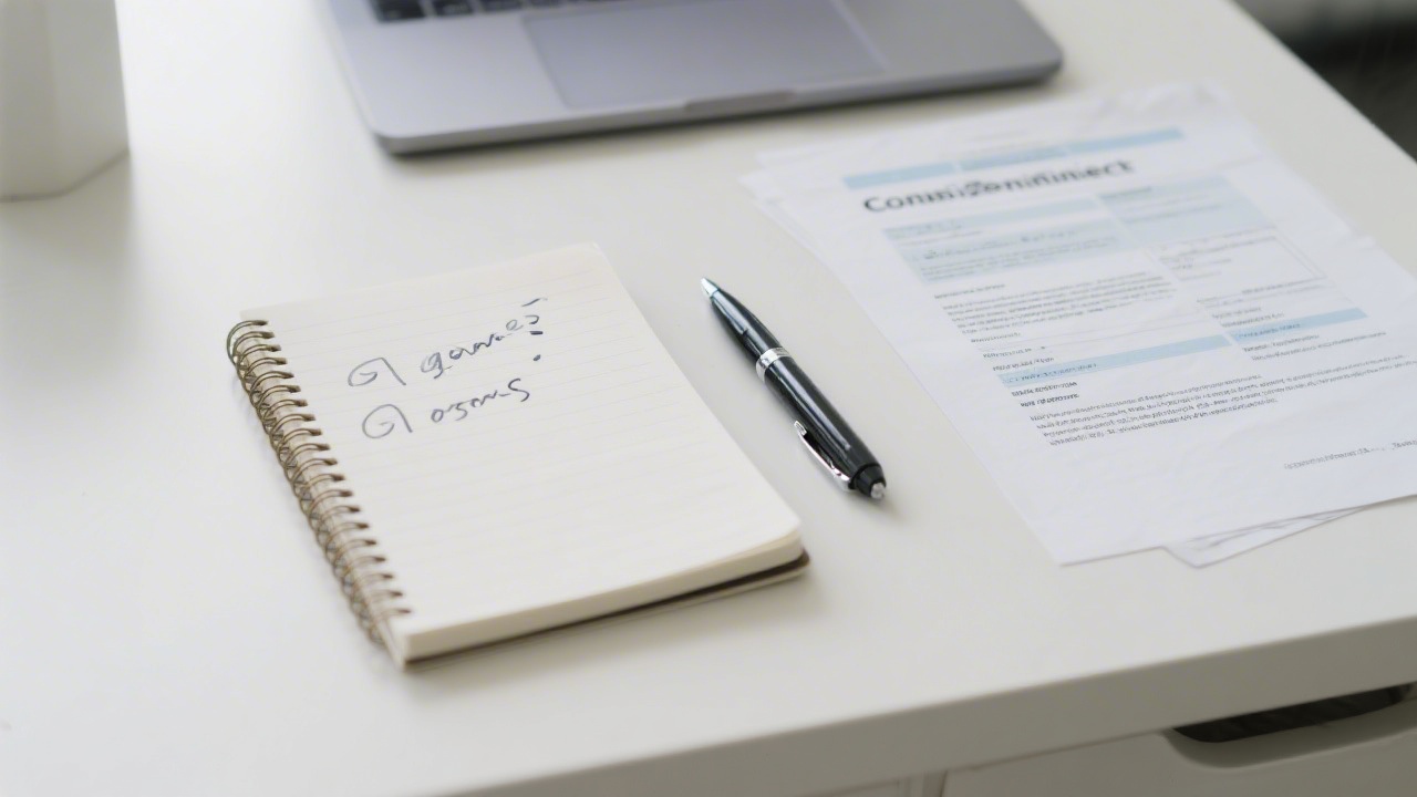 Business notebook with handwritten goals, pen and compliance documents on a clean desk, representing clear mission and strategic planning for data protection