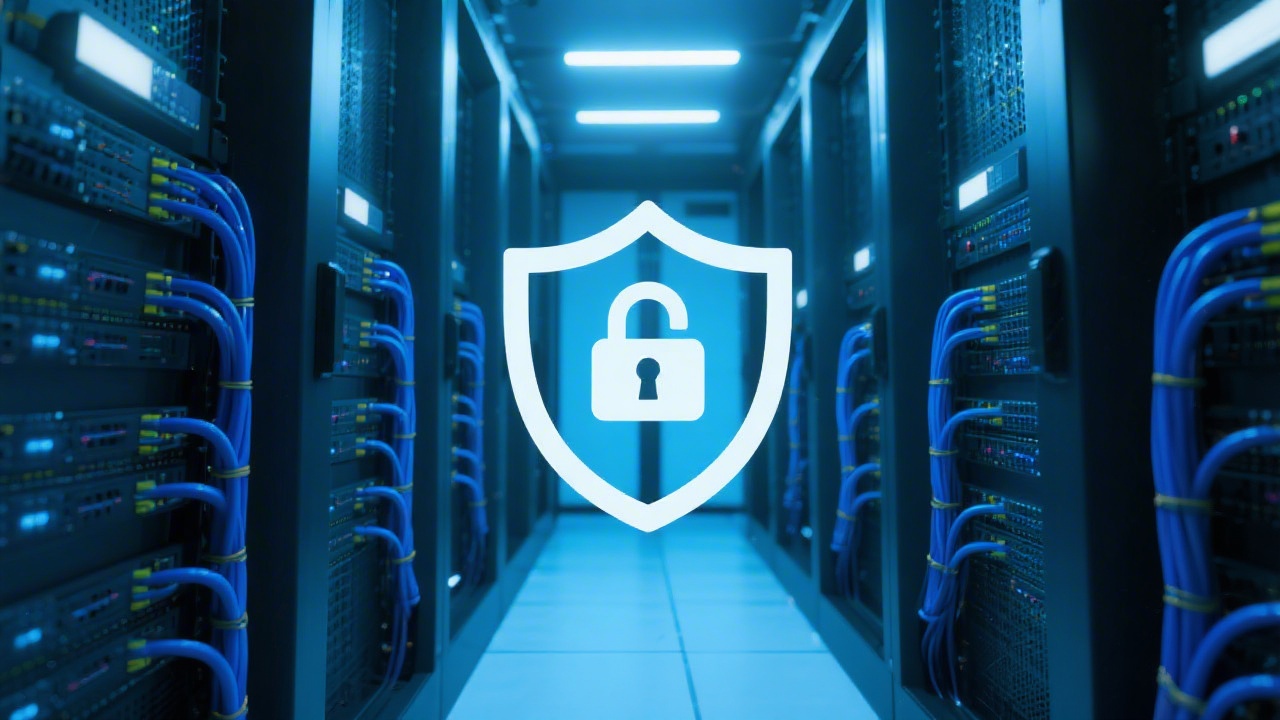 Secure server room with blue lighting, network cables and security lock icon overlay, representing data protection and compliance-focused infrastructure
